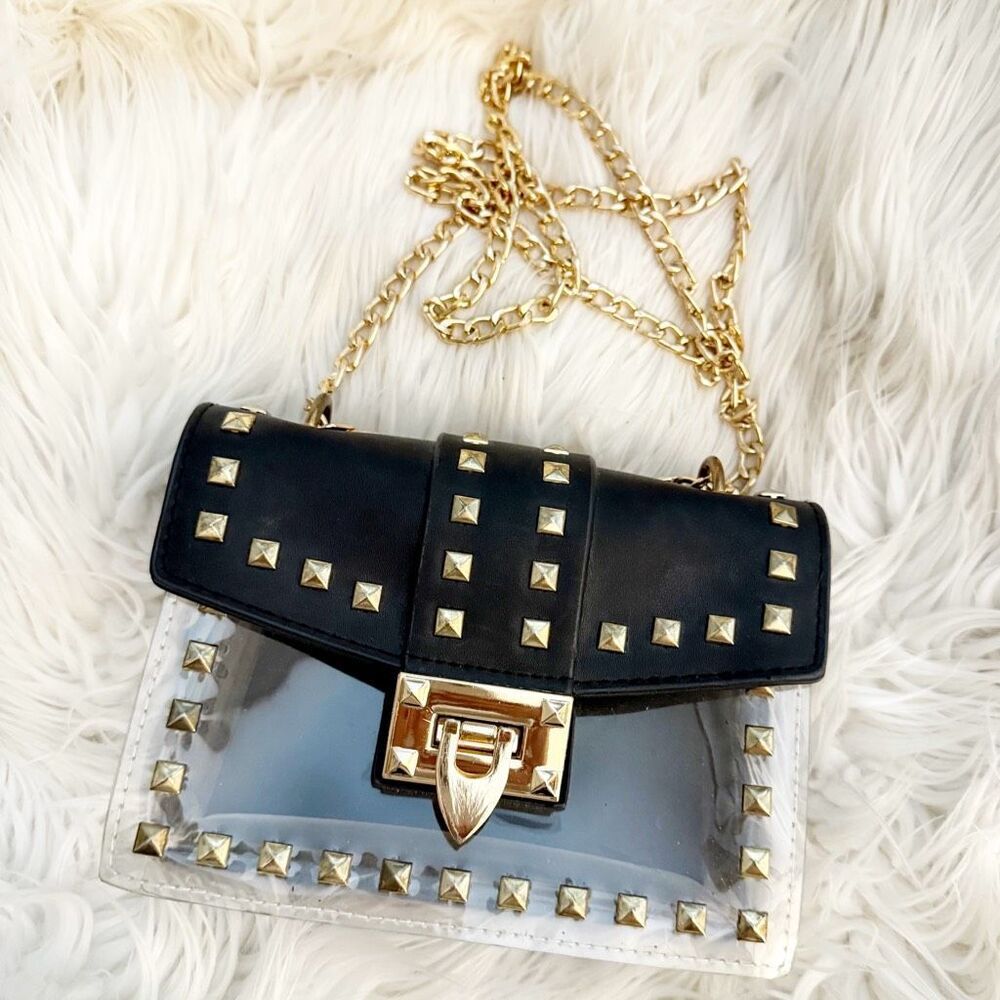 BOUTIQUE | Betty Shoulder Bag Clear Black Gold Tone Studded Chain Strap Stud - Picture 2 of 7